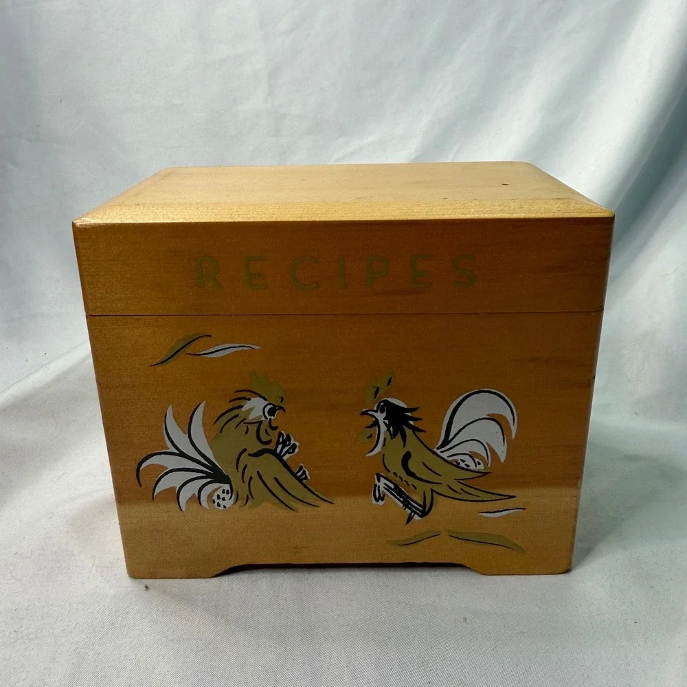 Vintage Wooden Recipe Box Hand Painted Rooster Farmhouse Kitchen Storage Brown